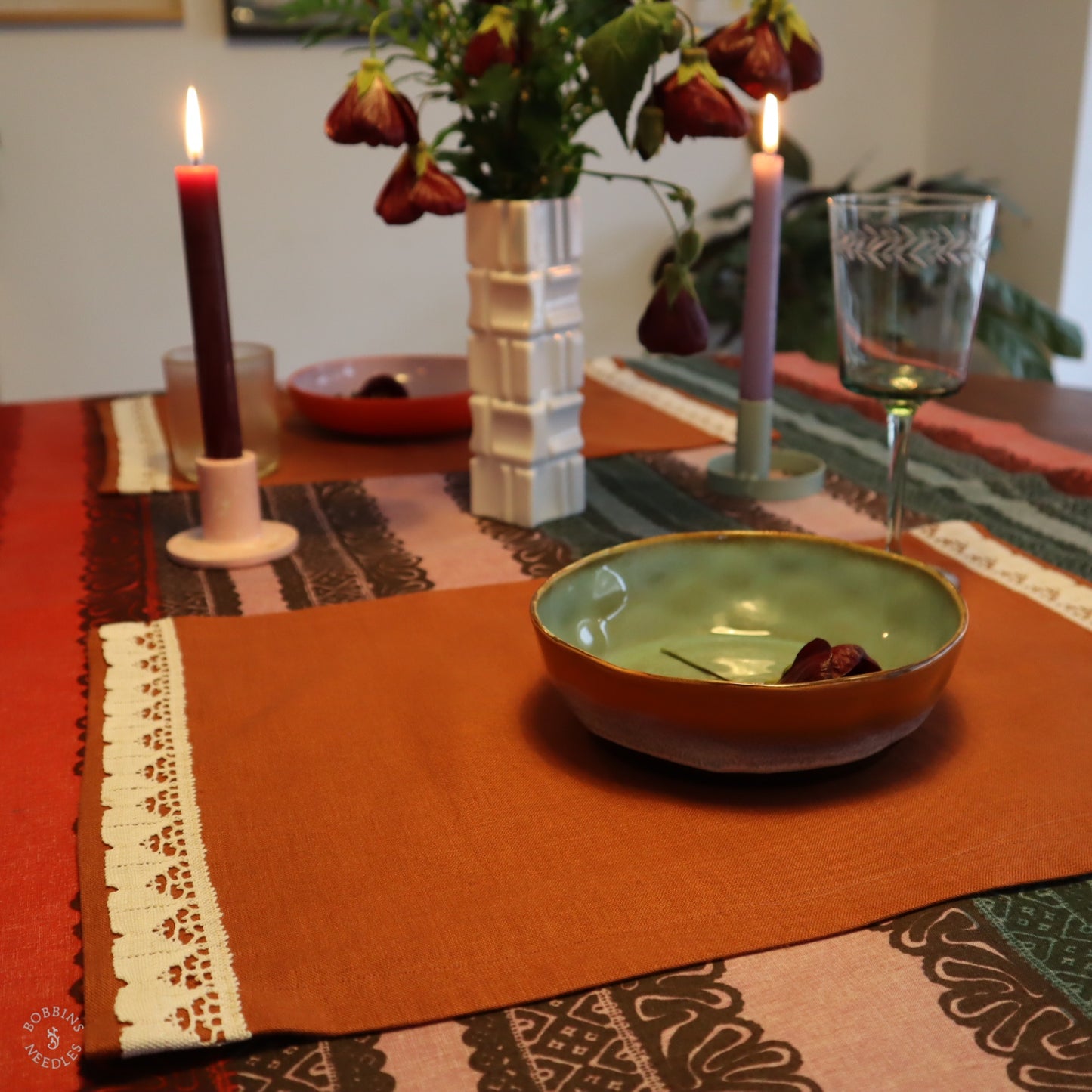 Linen Placemats with Vintage Lace Trim - Set of 2 in Terracota Linen Color