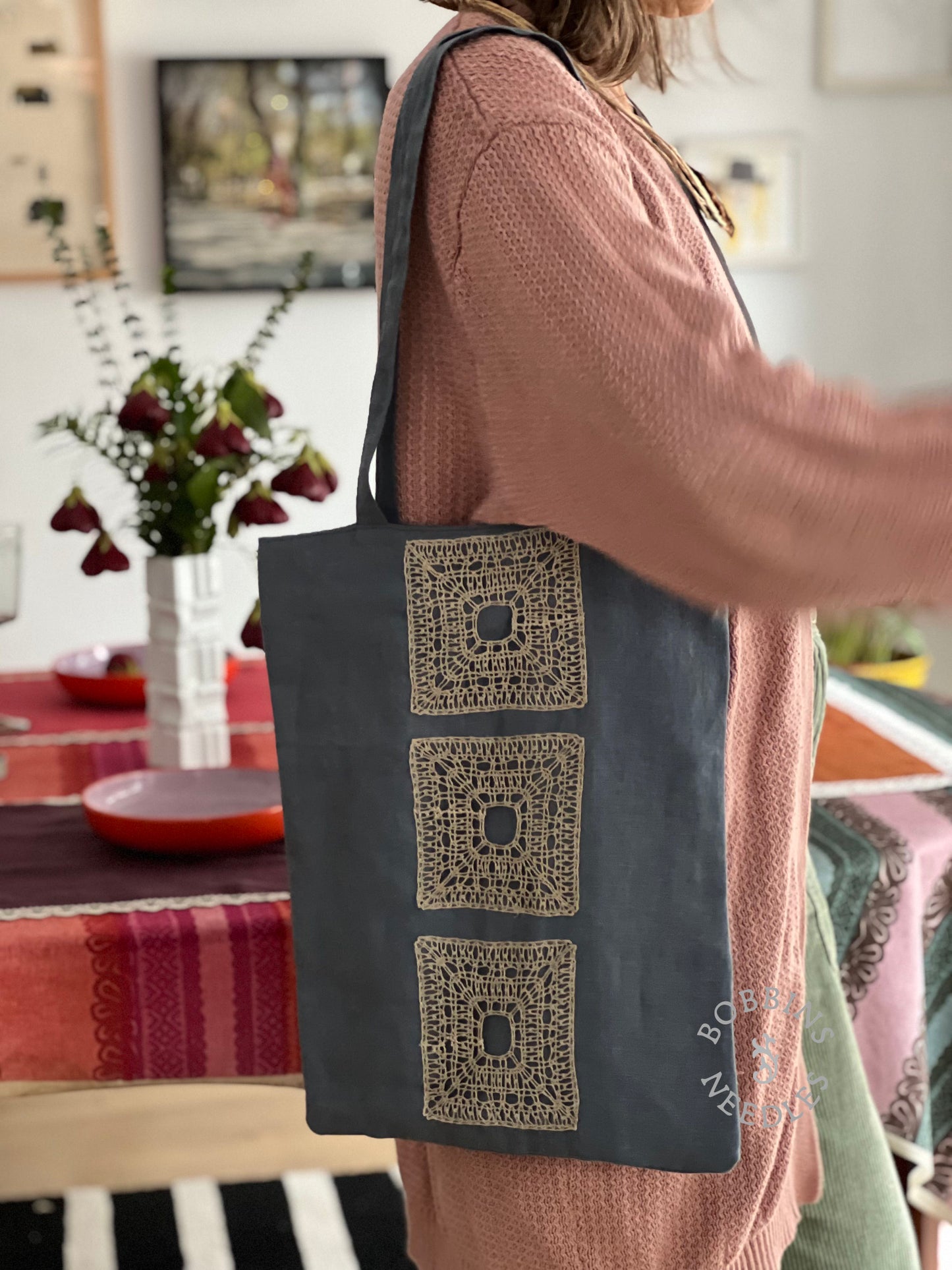 Linen Tote Bag with Handmade Lace Insert – Dusty Blue Grey