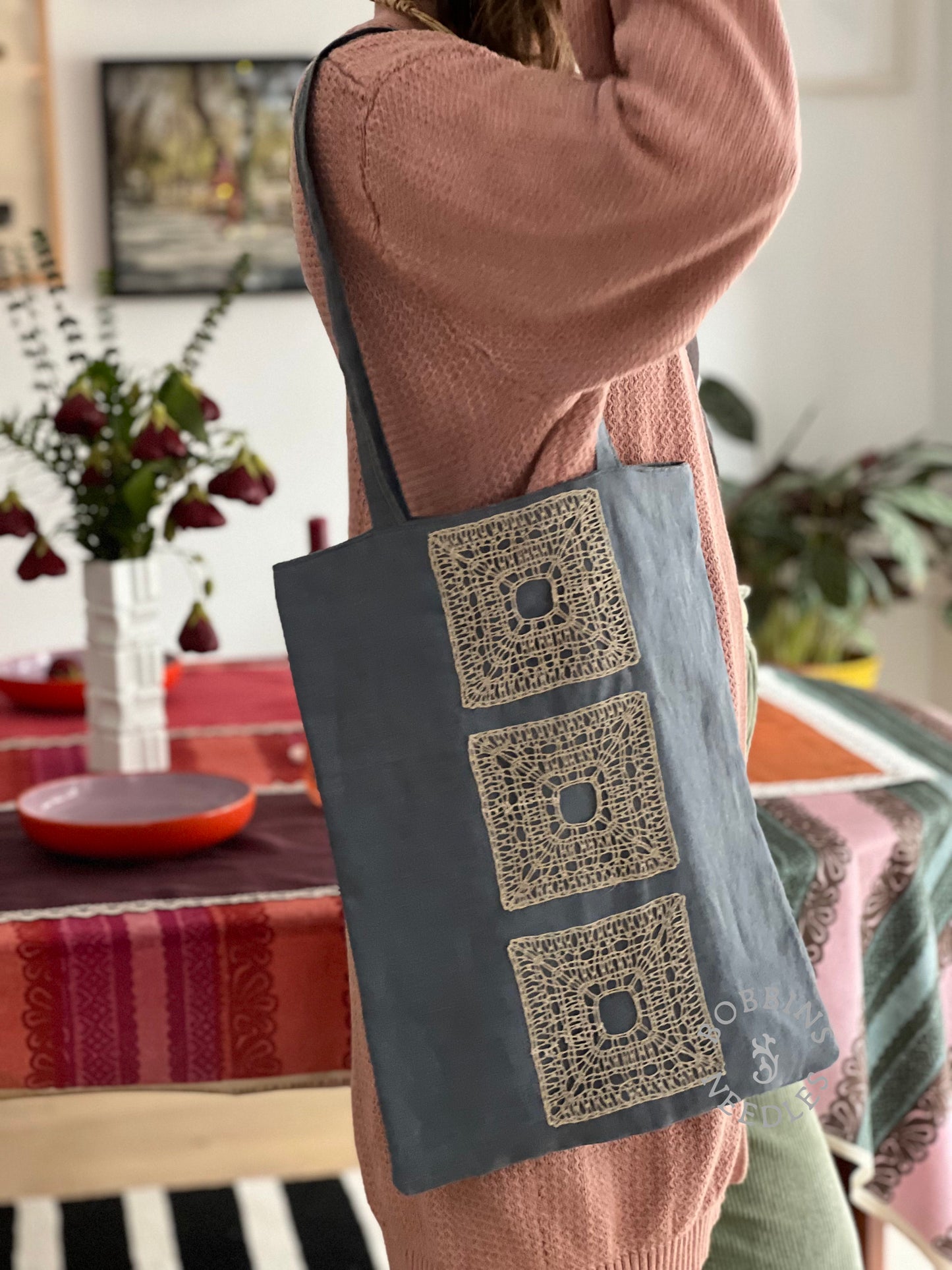 Linen Tote Bag with Handmade Lace Insert – Dusty Blue Grey