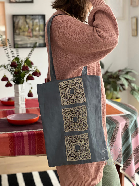 Linen Tote Bag with Handmade Lace Insert – Dusty Blue Grey