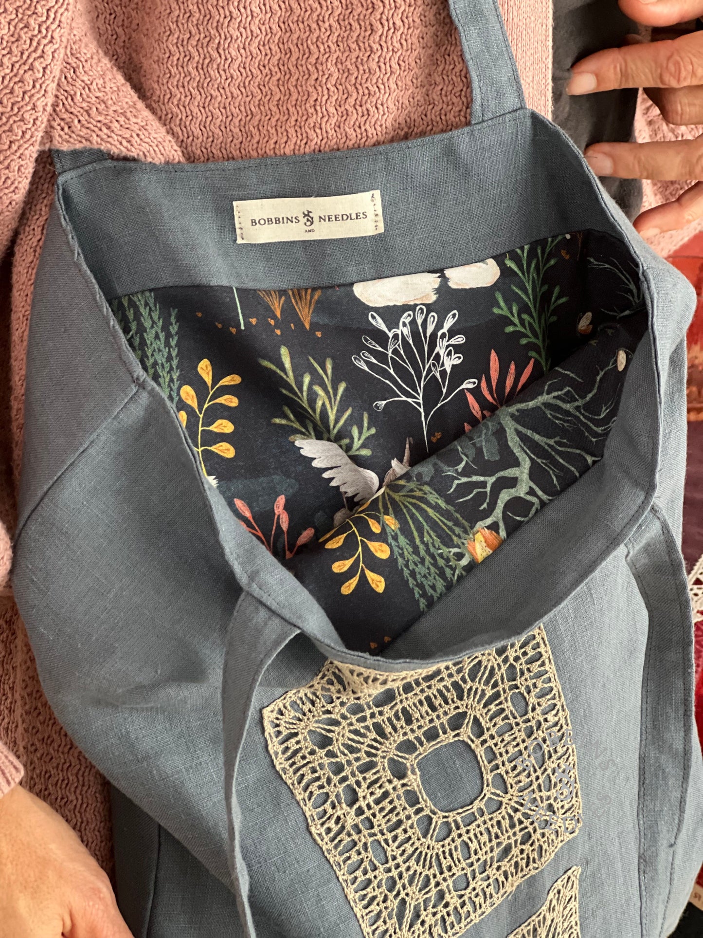 Linen Tote Bag with Handmade Lace Insert – Dusty Blue Grey