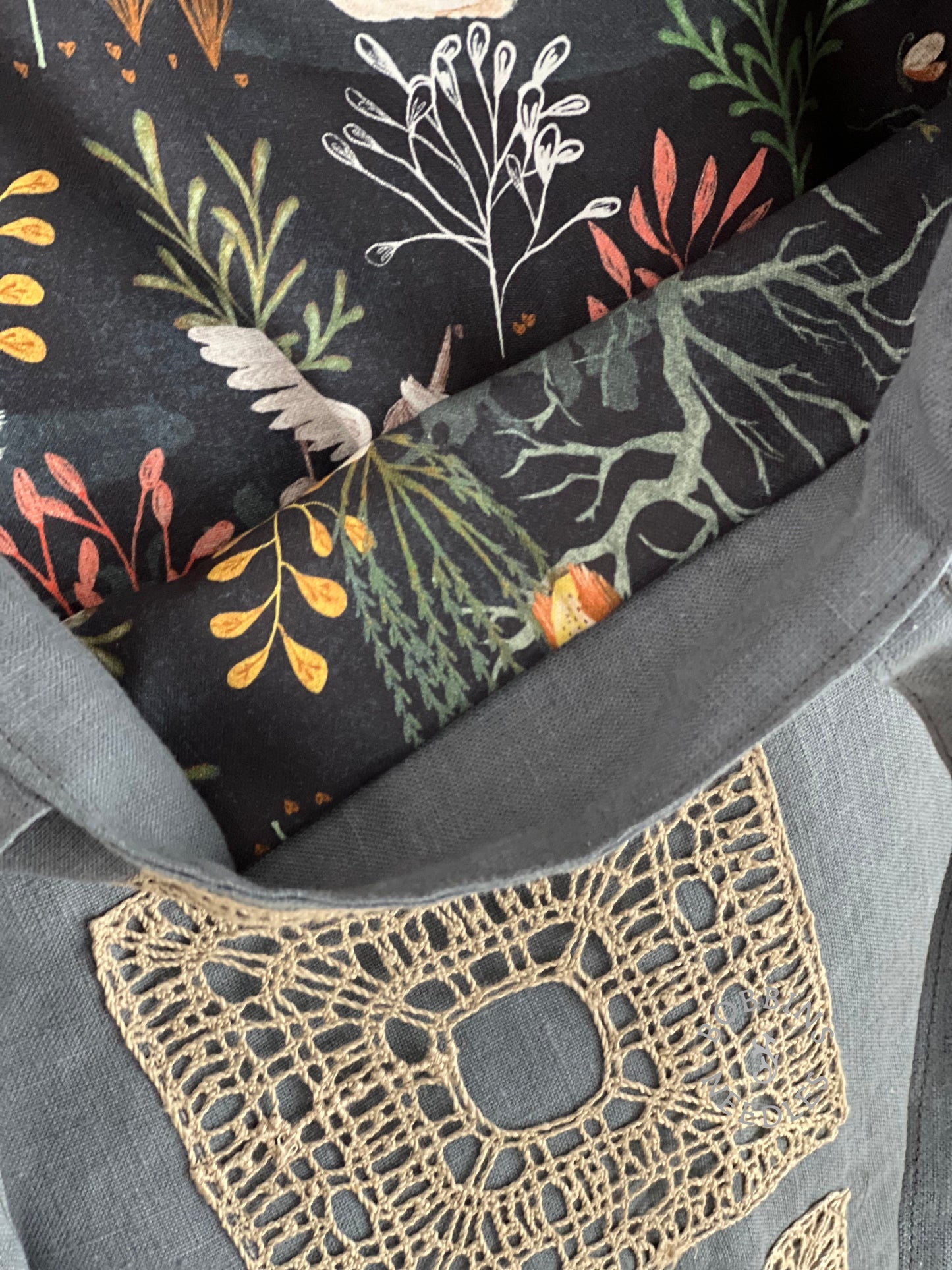 Linen Tote Bag with Handmade Lace Insert – Dusty Blue Grey