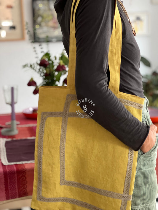 Linen Tote Bag with Handmade Lace Insert – Dusty Yellow Bag
