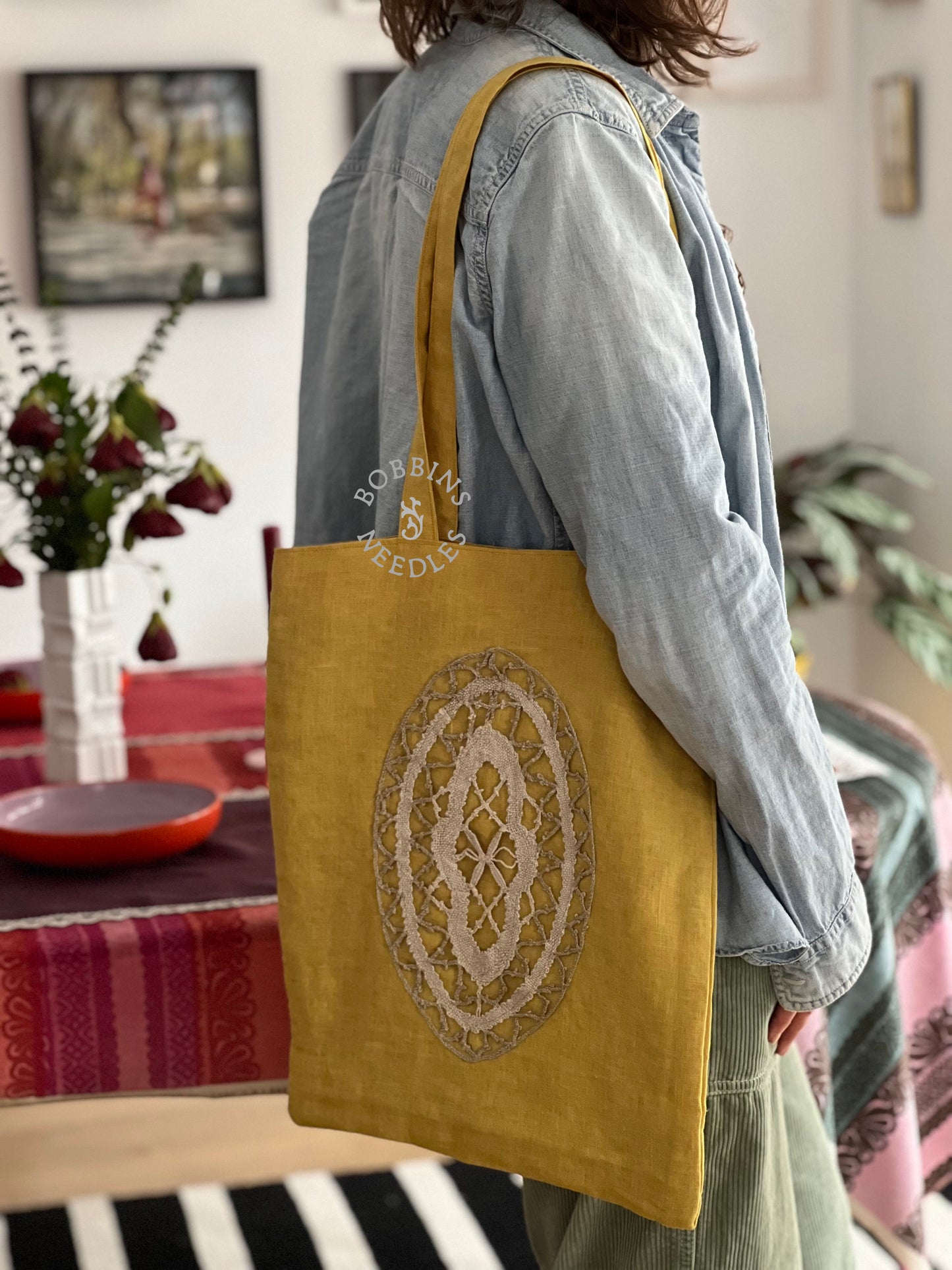 Linen Tote Bag with French Bobbin Lace Insert – Dusty Yellow Bag