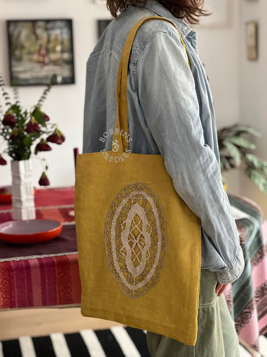 Linen Tote Bag with French Bobbin Lace Insert – Dusty Yellow Bag
