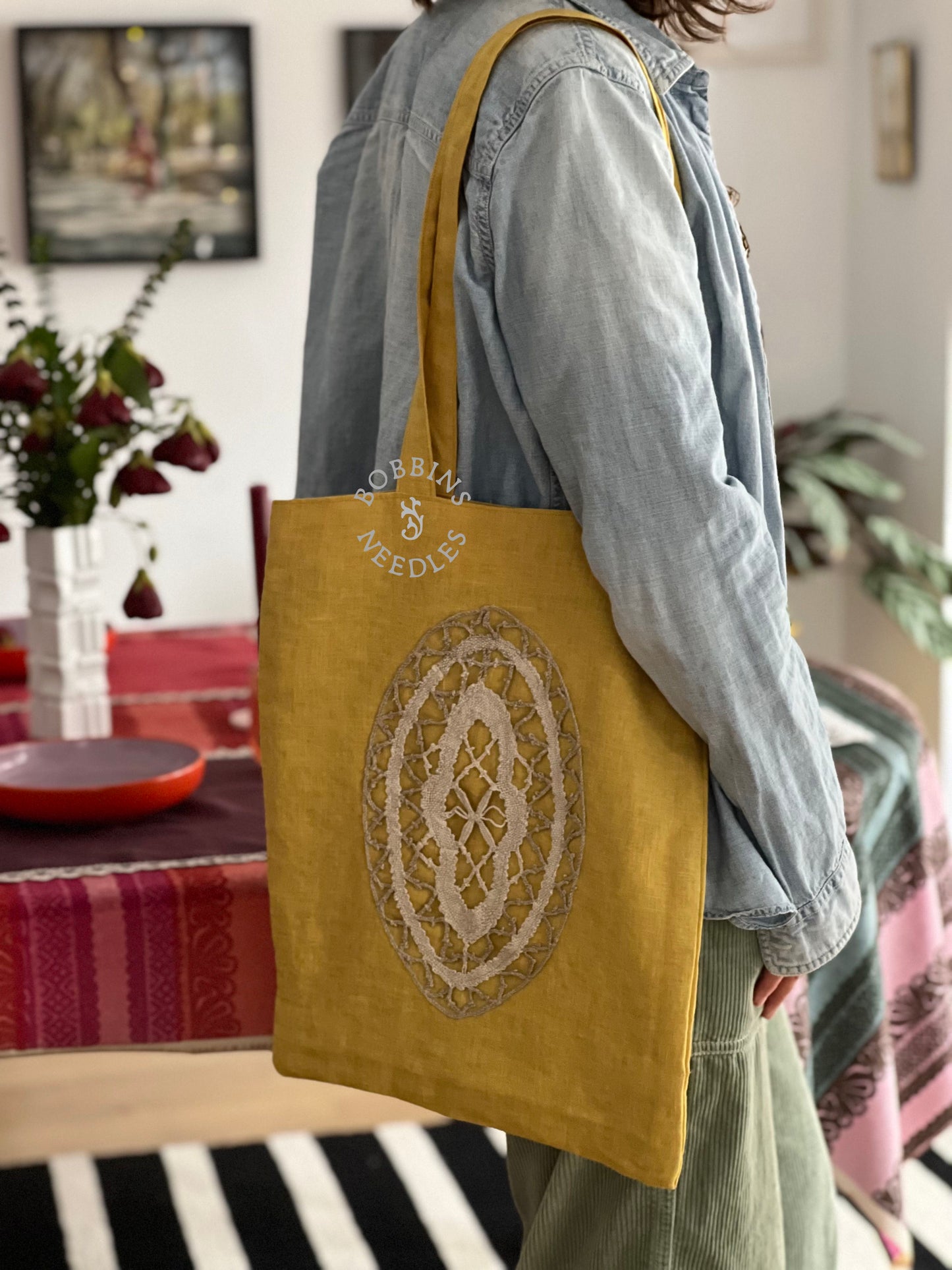 Linen Tote Bag with French Bobbin Lace Insert – Dusty Yellow Bag