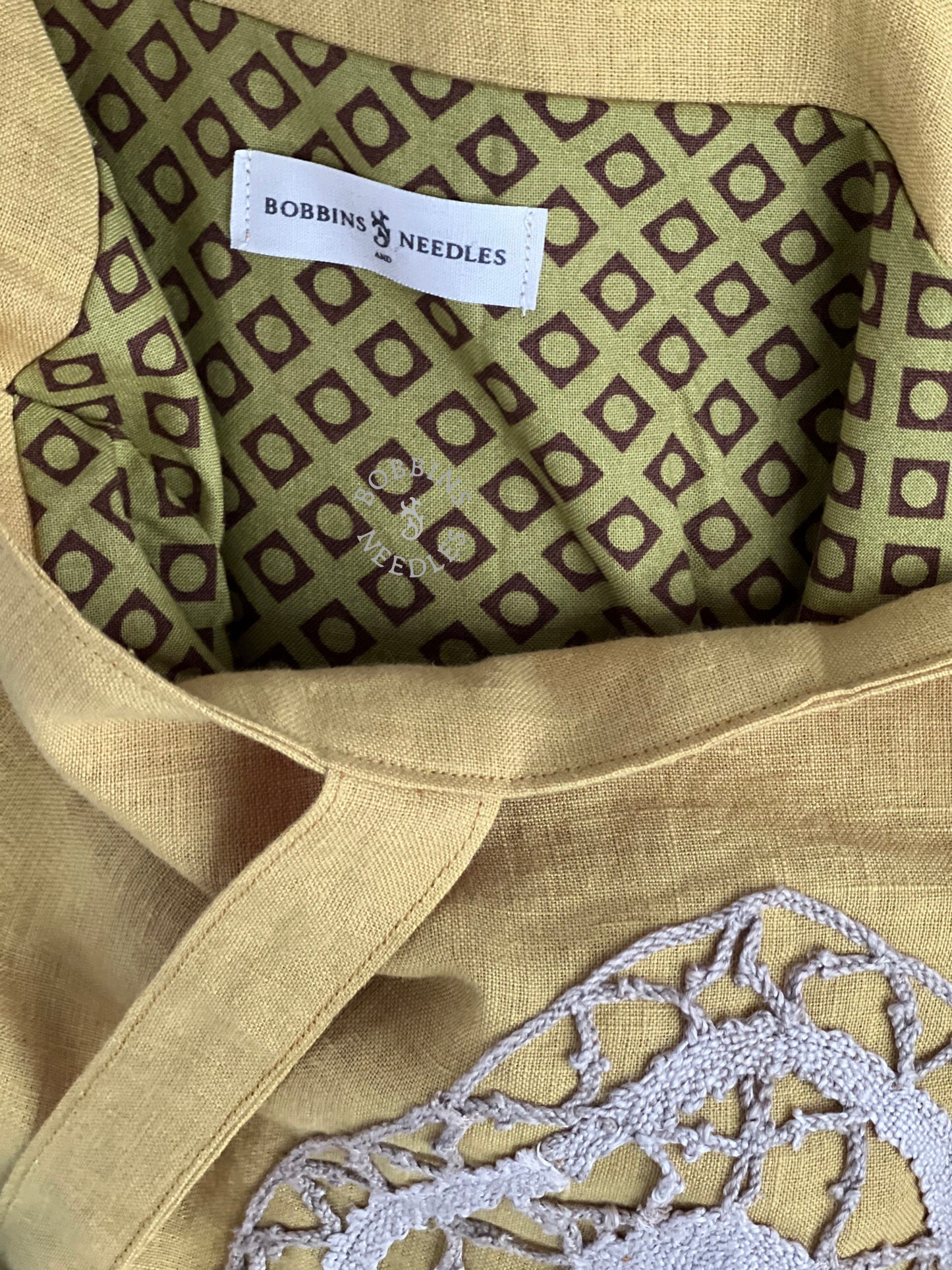 Linen Tote Bag with French Bobbin Lace Insert – Dusty Yellow Bag