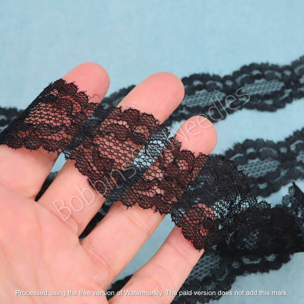 Vintage Black Lace Trim Chantilly Style - Scalloped Insertion Black Lace