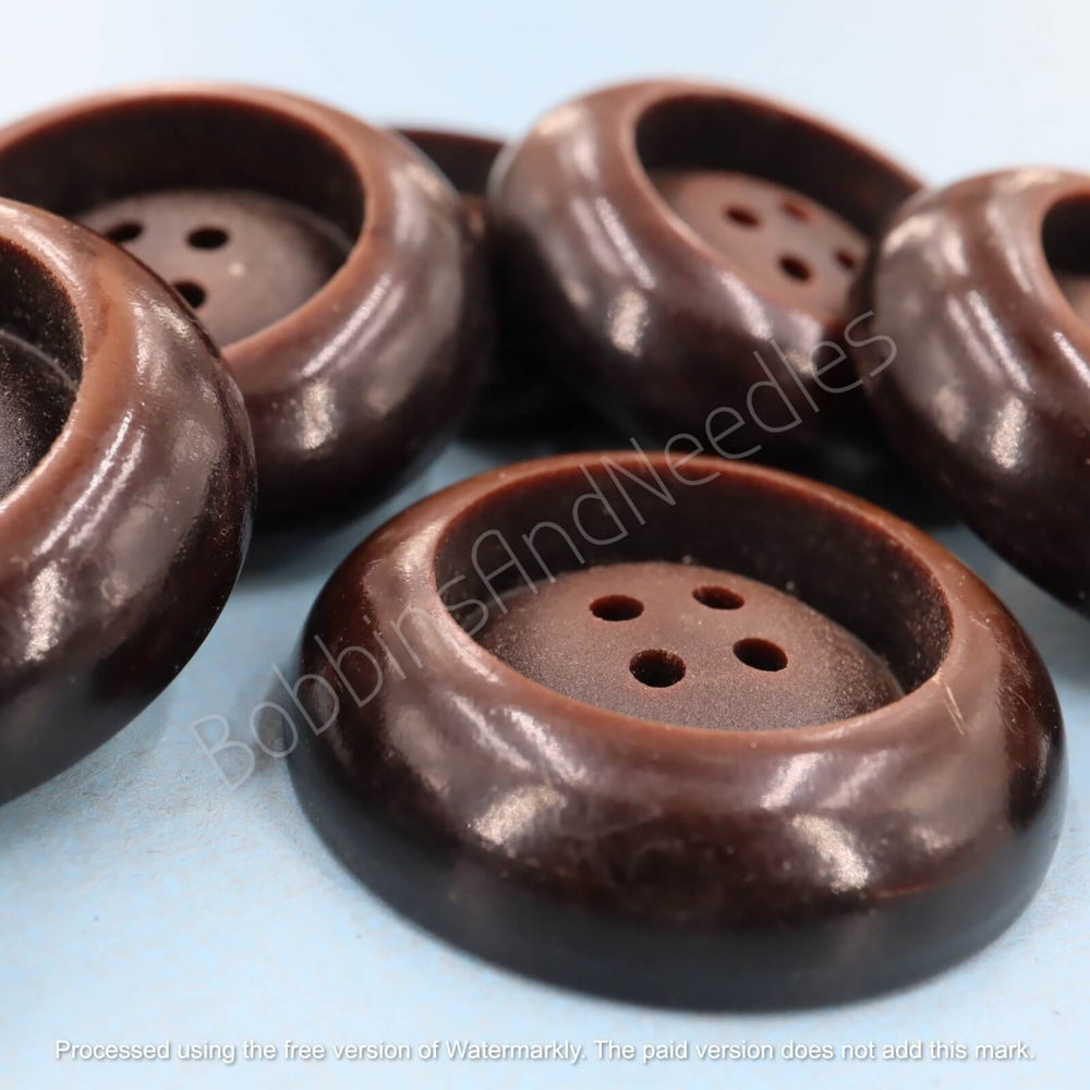 Set of 8 Vintage Brown Galalith Buttons - Ø 30mm - Wide Rim with Recessed Center
