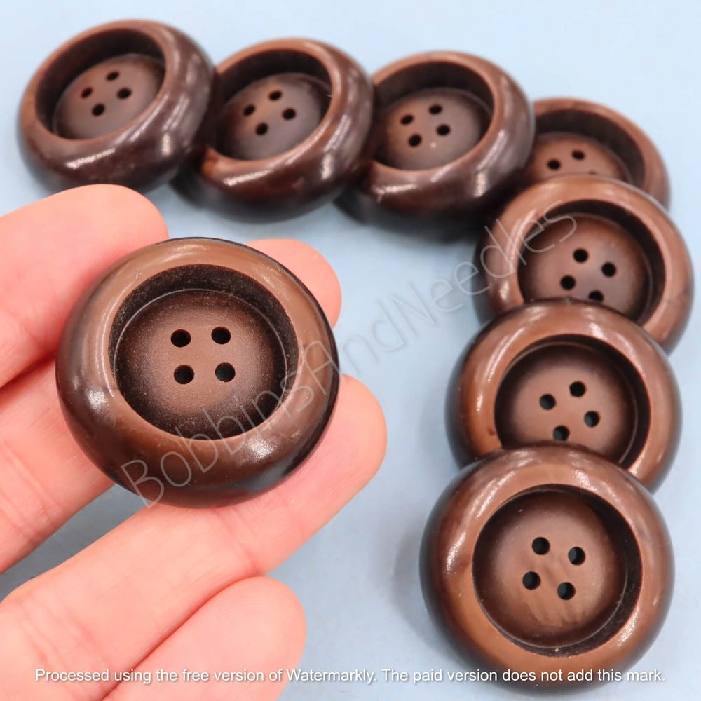 Set of 8 Vintage Brown Galalith Buttons - Ø 30mm - Wide Rim with Recessed Center