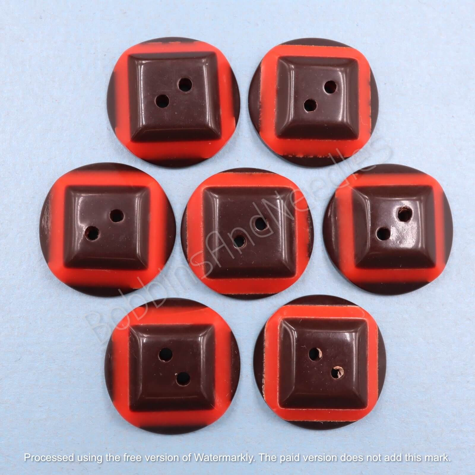 Set of 8 Vintage Casein Buttons - Ø 21mm - Brown and Red with Raised Square Center