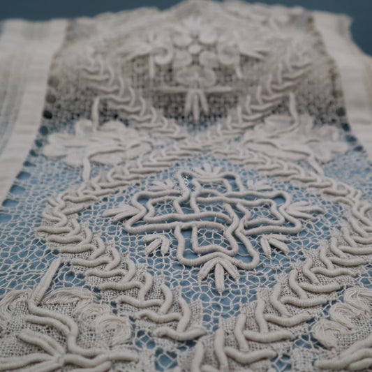 Antique Belgian Handmade Tape Lace Panel – 3m – Cotton Lace Insertion with Floral Medallion Design