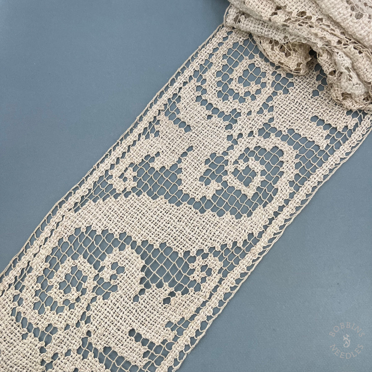 Antique Handmade Filet Lace Panel – 360 × 19 cm