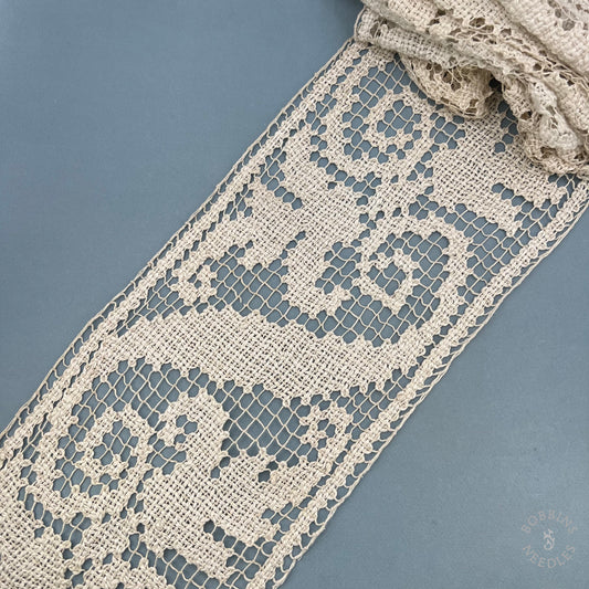 Antique Handmade Filet Lace Panel – 360 × 19 cm