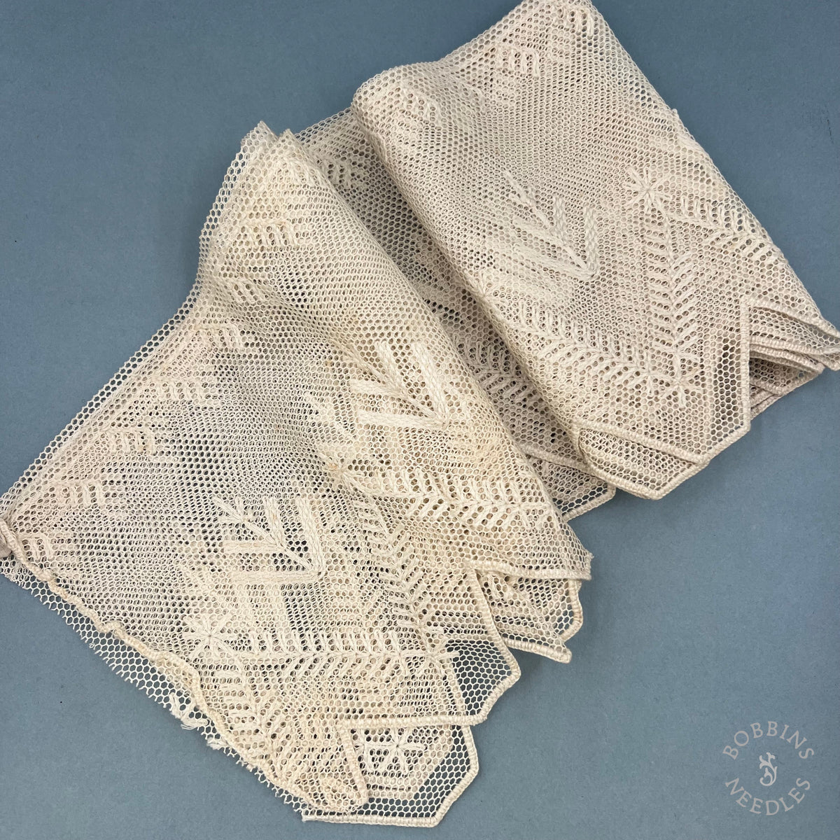Antique Hand Embroidered Net Lace Panel – 290 × 20 cm