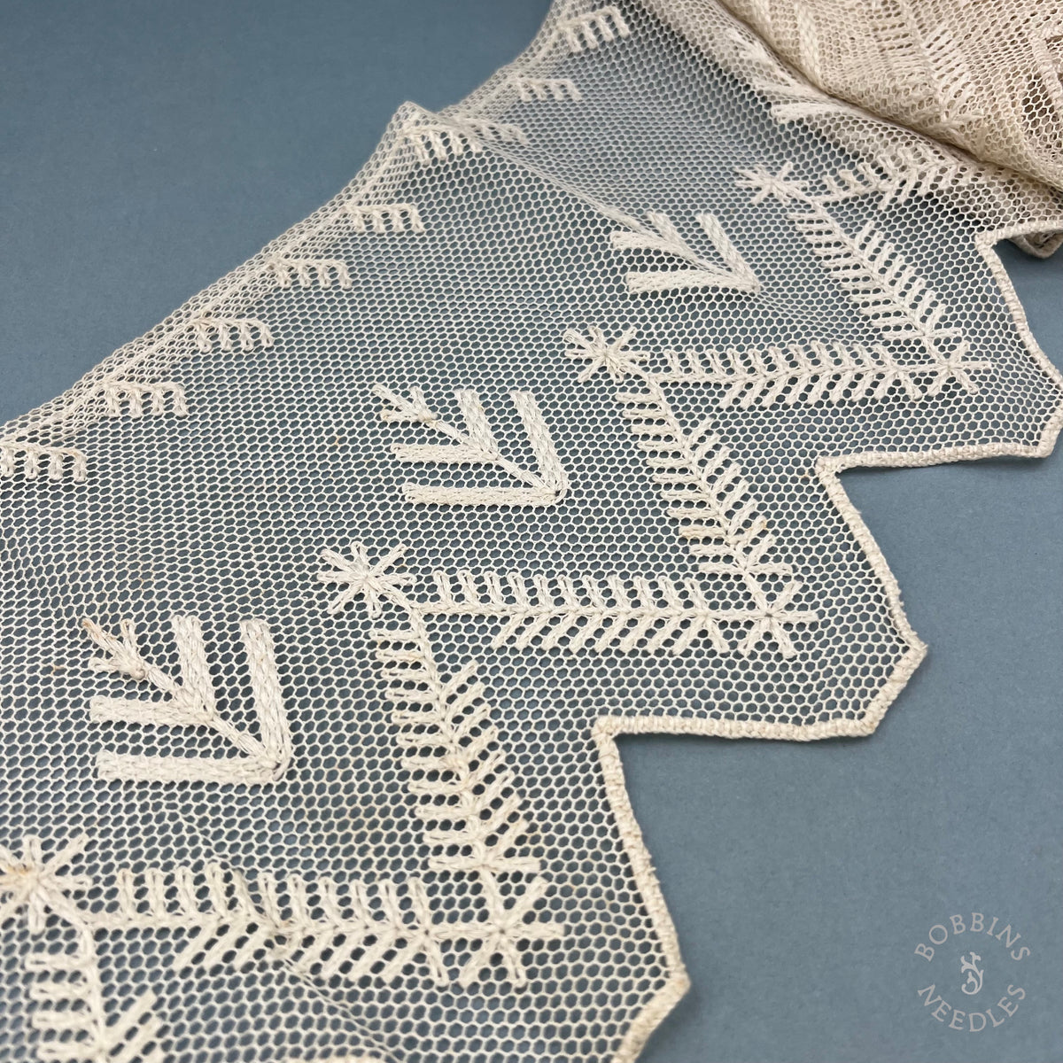 Antique Hand Embroidered Net Lace Panel – 290 × 20 cm