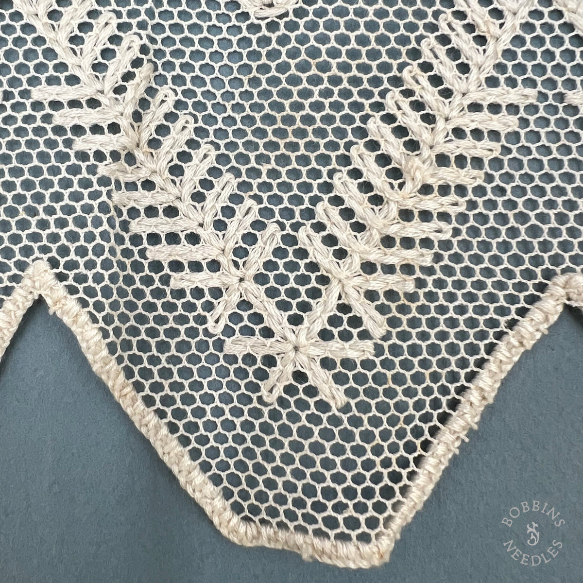 Antique Hand Embroidered Net Lace Panel – 290 × 20 cm