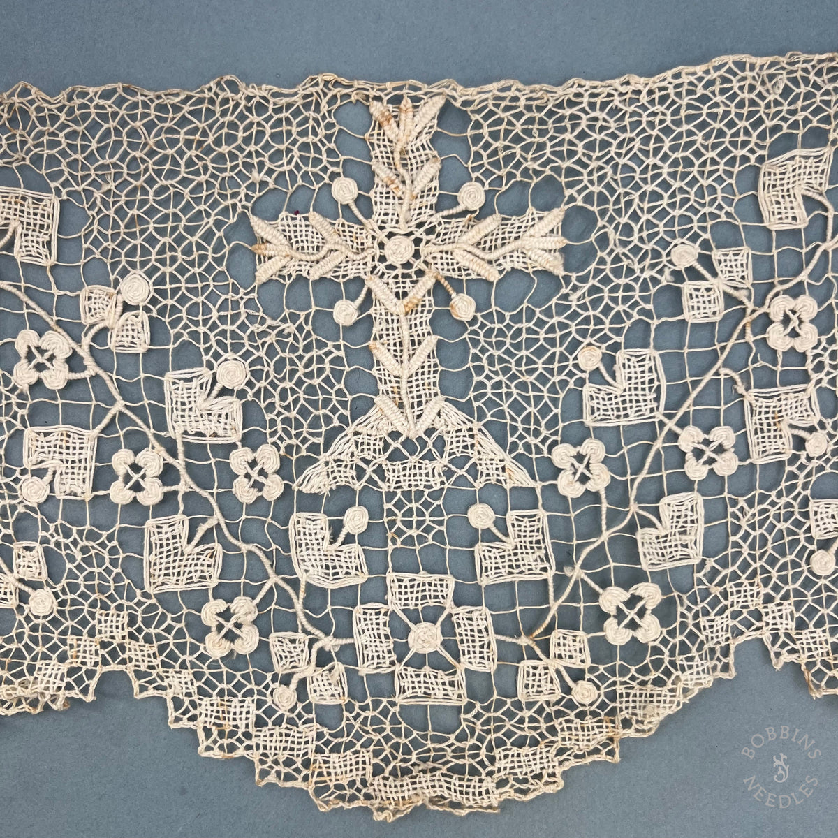 Antique Handmade Filet Religious Lace Border with Cross – 83 × 22 cm