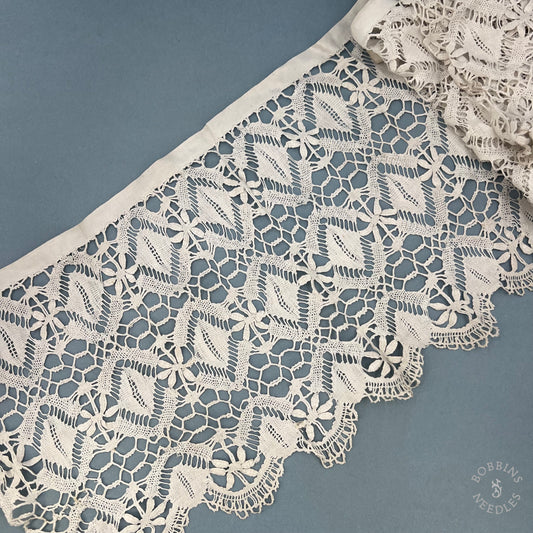 Antique Handmade Bobbin Lace Border – Floral & Geometric Design – 200 × 26 cm