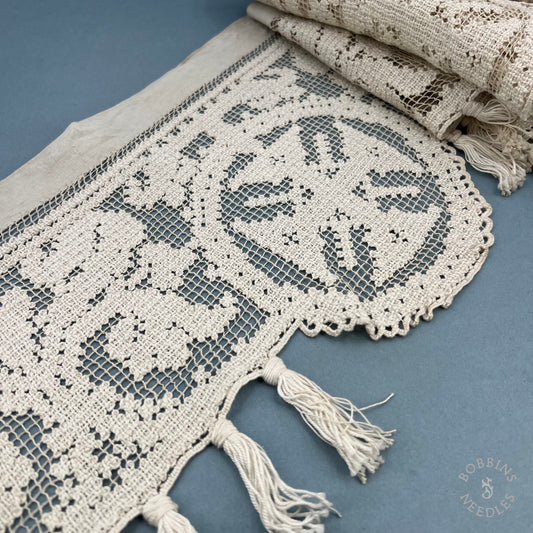 Antique Handmade Filet Lace Altar Frontal with Crosses & Tassels – 350 cm