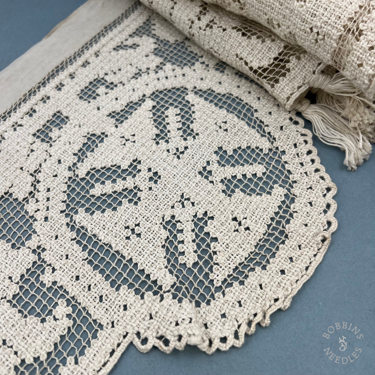 Antique Handmade Filet Lace Altar Frontal with Crosses & Tassels – 350 cm