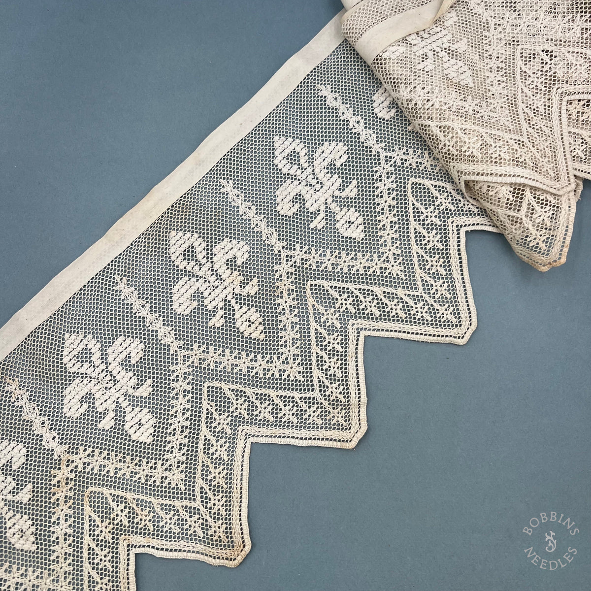 Antique Handmade Embroidered Net Lace Border with Fleur-de-Lis – 385 × 20 cm