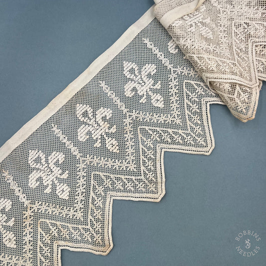 Antique Handmade Embroidered Net Lace Border with Fleur-de-Lis – 385 × 20 cm