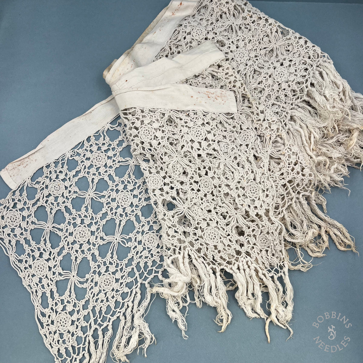 Antique Handmade Crochet Lace Border with Fringe – 340 × 30 cm