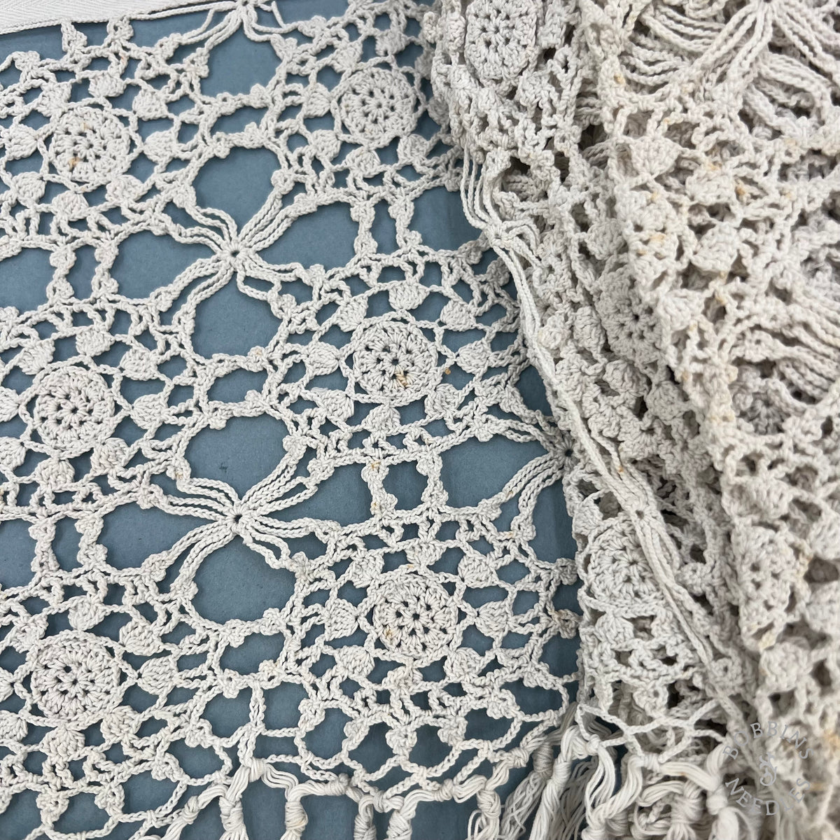 Antique Handmade Crochet Lace Border with Fringe – 340 × 30 cm