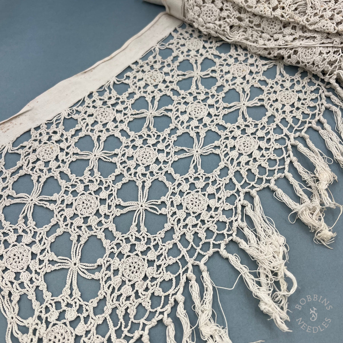 Antique Handmade Crochet Lace Border with Fringe – 340 × 30 cm