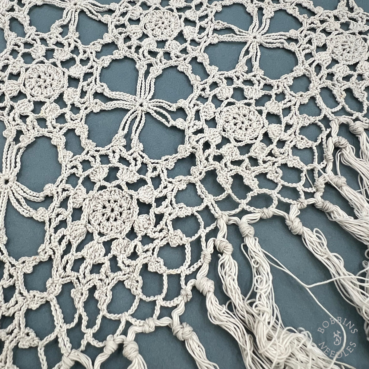 Antique Handmade Crochet Lace Border with Fringe – 340 × 30 cm