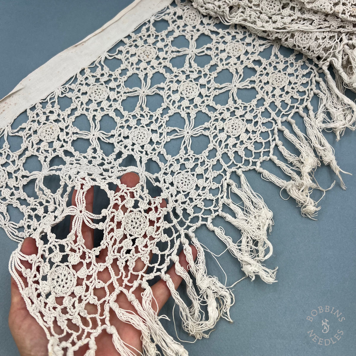 Antique Handmade Crochet Lace Border with Fringe – 340 × 30 cm