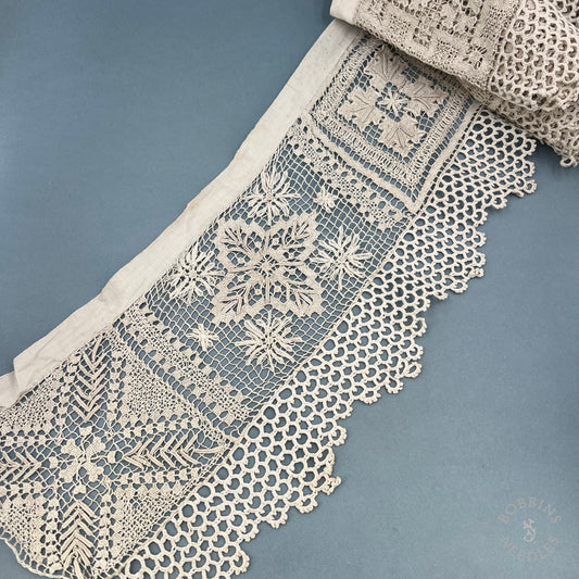 Antique Handmade Filet Lace with Mixed Embroidery Patterns – 320 × 23 cm