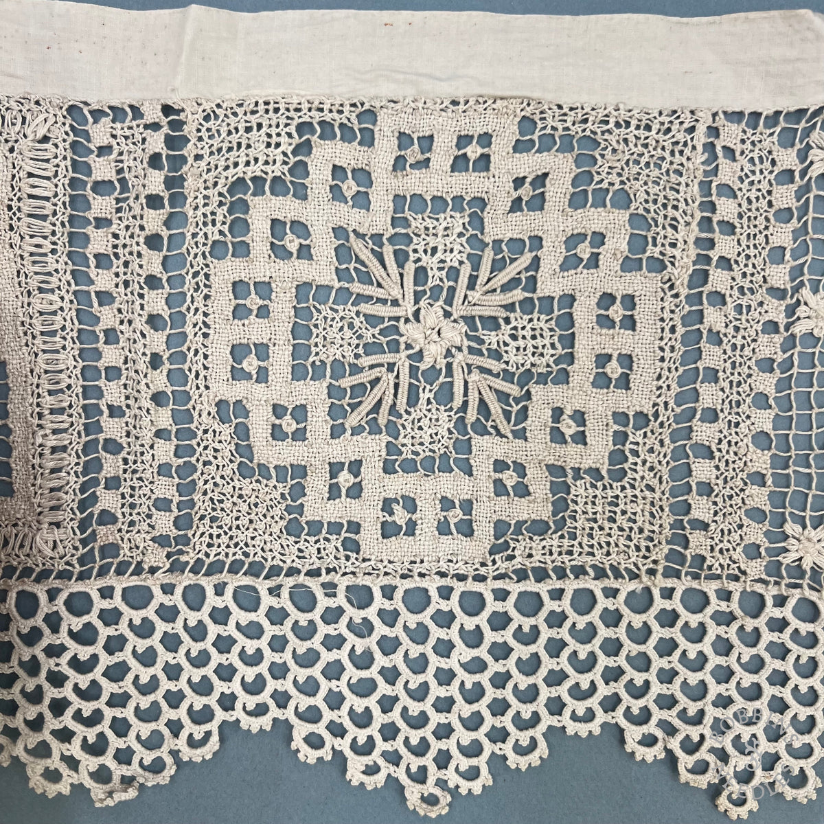 Antique Handmade Filet Lace with Mixed Embroidery Patterns – 320 × 23 cm