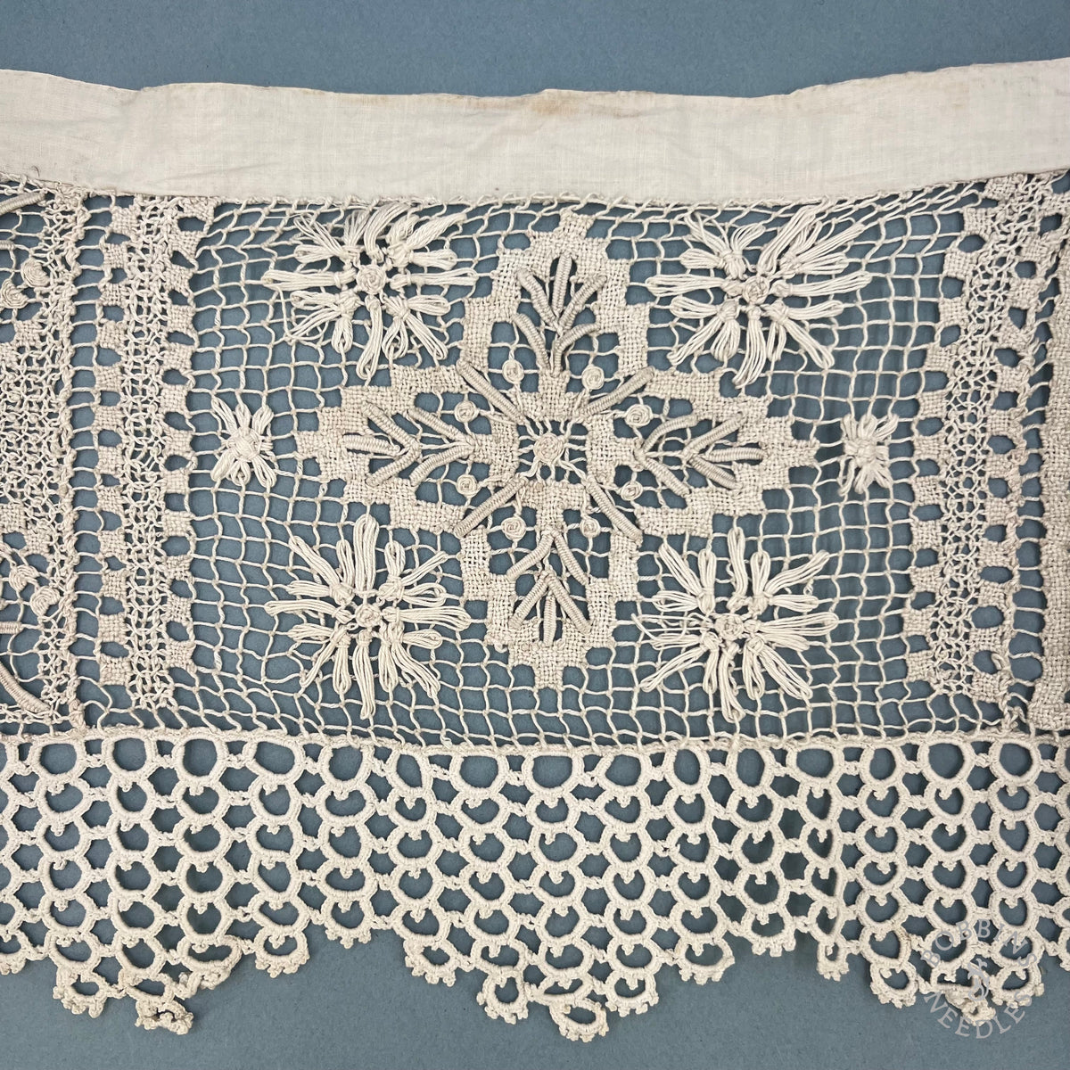 Antique Handmade Filet Lace with Mixed Embroidery Patterns – 320 × 23 cm