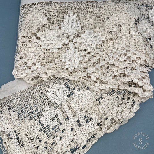 Antique Handmade Religious Filet Lace Panel with IHS Monogram – 450 × 25 cm