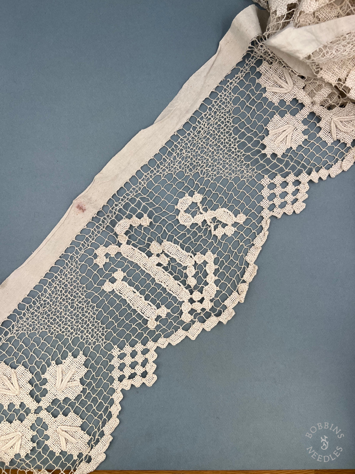 Antique Handmade Religious Filet Lace Panel with IHS Monogram – 450 × 25 cm