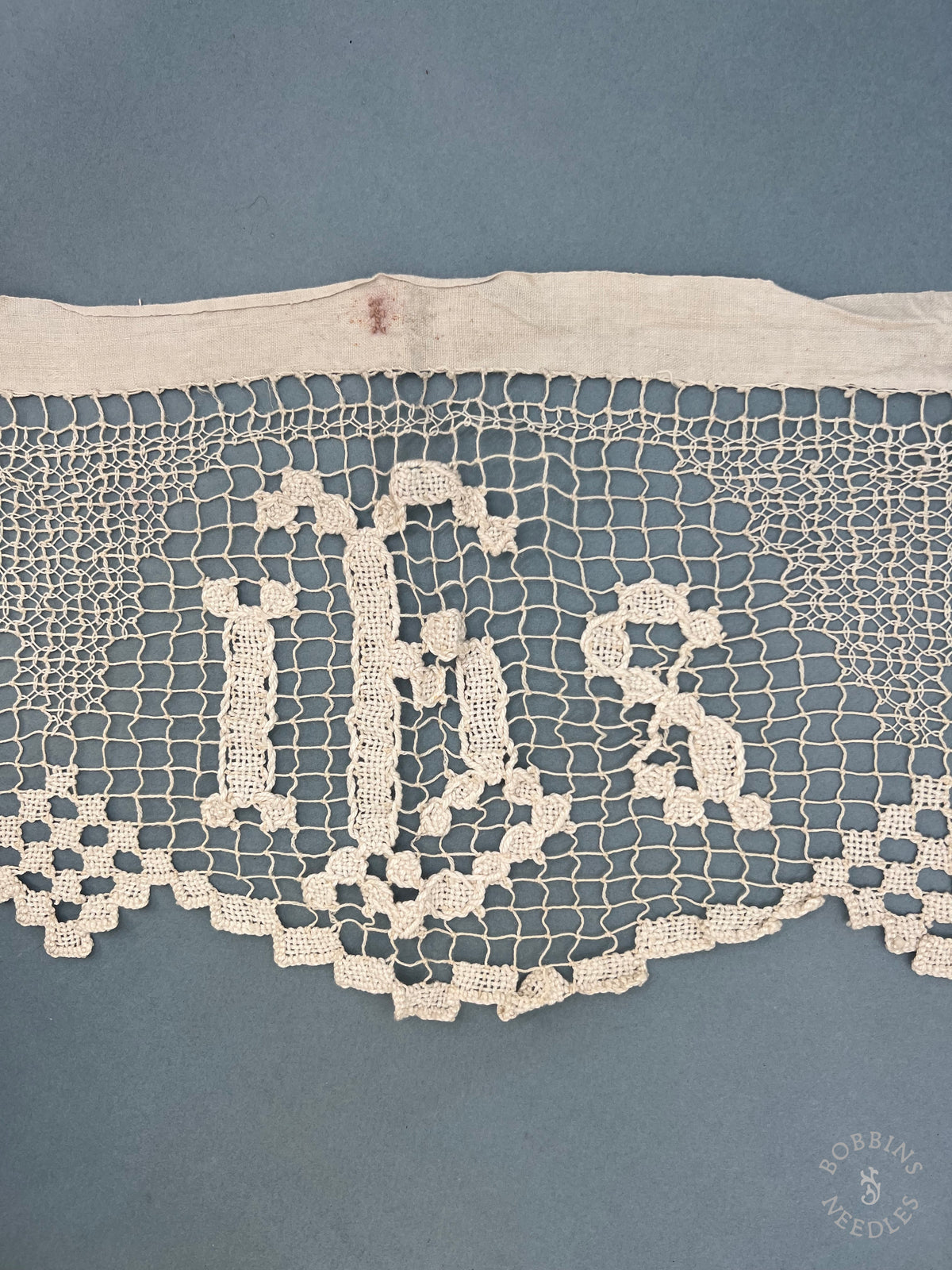 Antique Handmade Religious Filet Lace Panel with IHS Monogram – 450 × 25 cm