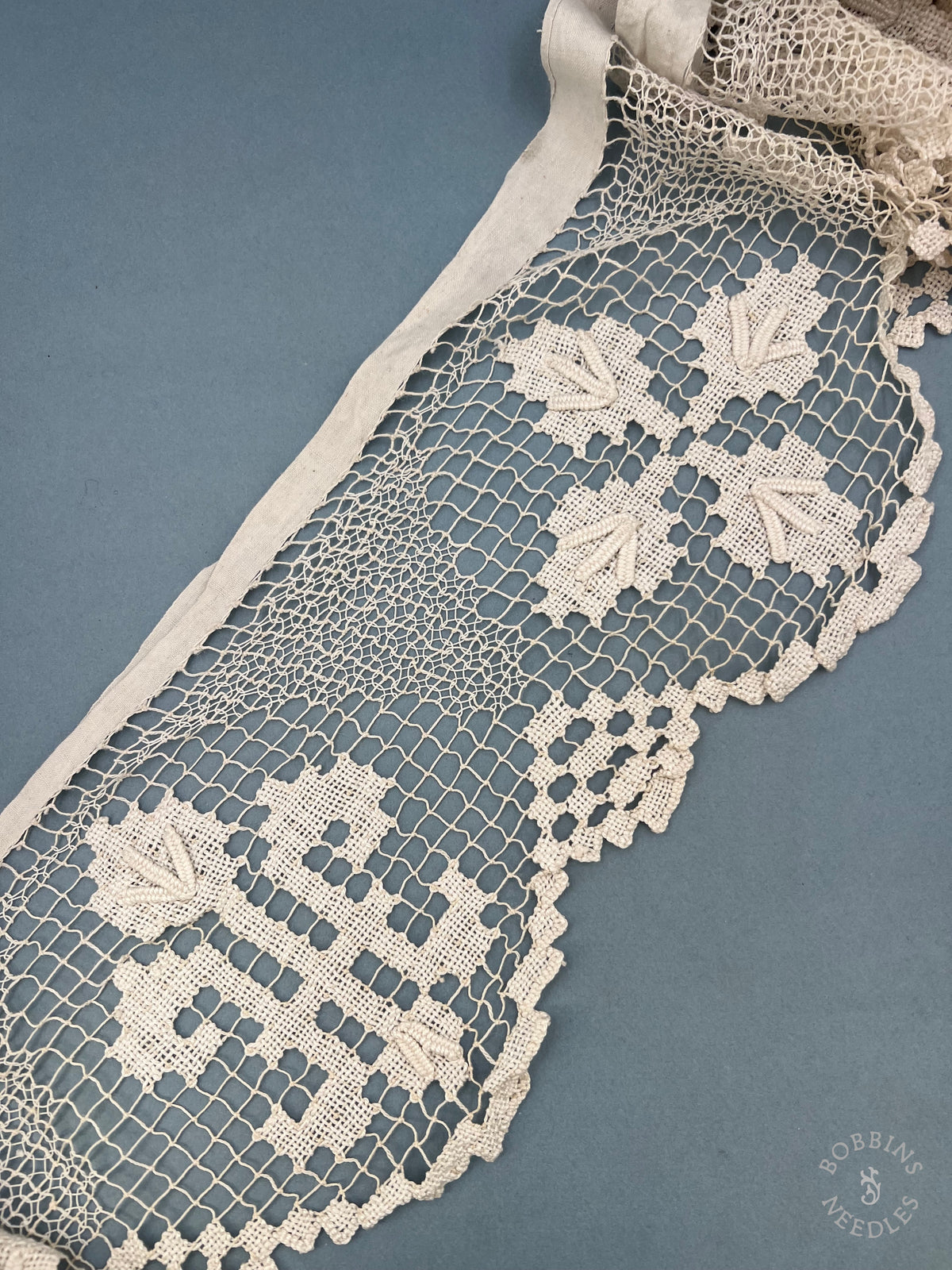 Antique Handmade Religious Filet Lace Panel with IHS Monogram – 450 × 25 cm
