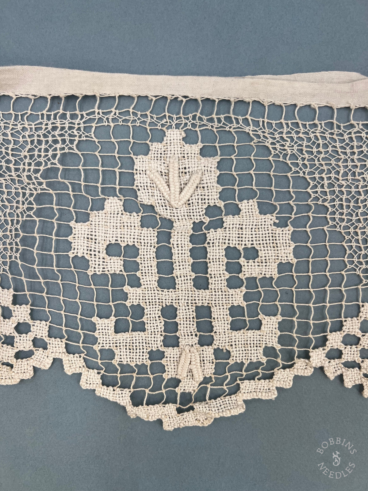 Antique Handmade Religious Filet Lace Panel with IHS Monogram – 450 × 25 cm