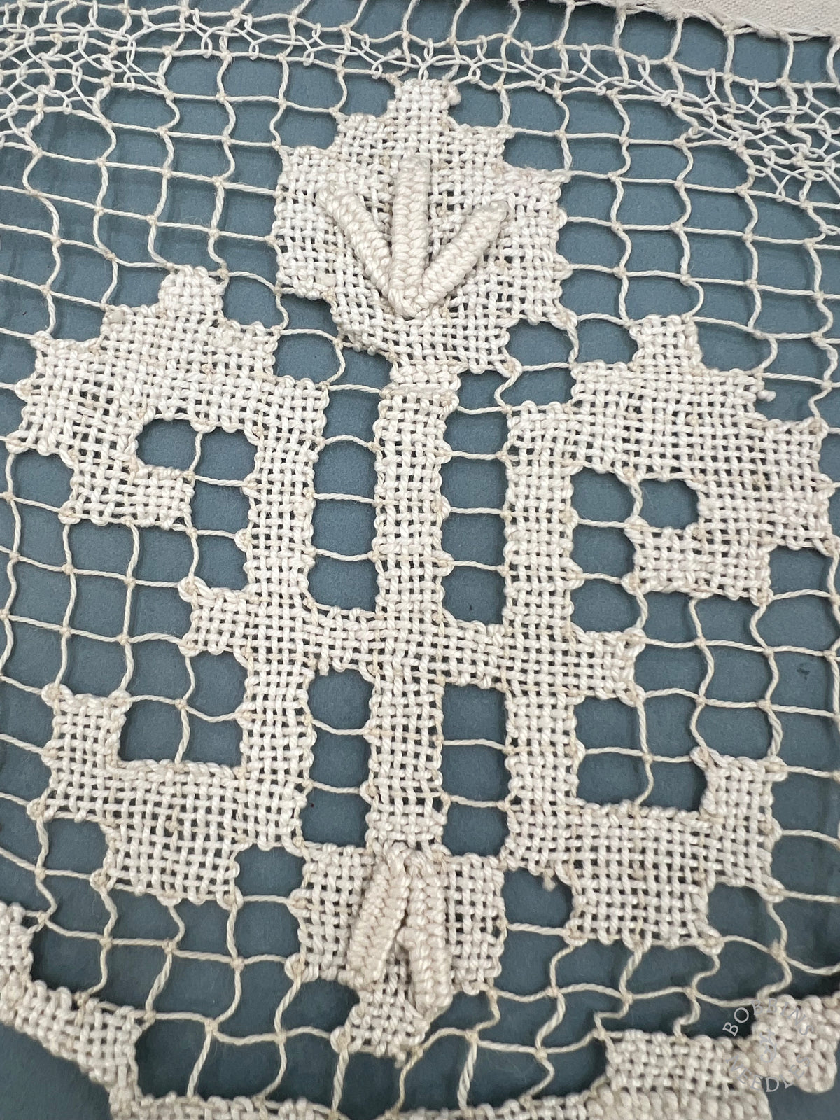 Antique Handmade Religious Filet Lace Panel with IHS Monogram – 450 × 25 cm