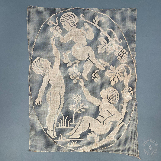 Antique Handmade Filet Lace Panel with Cherubs and Grapevines