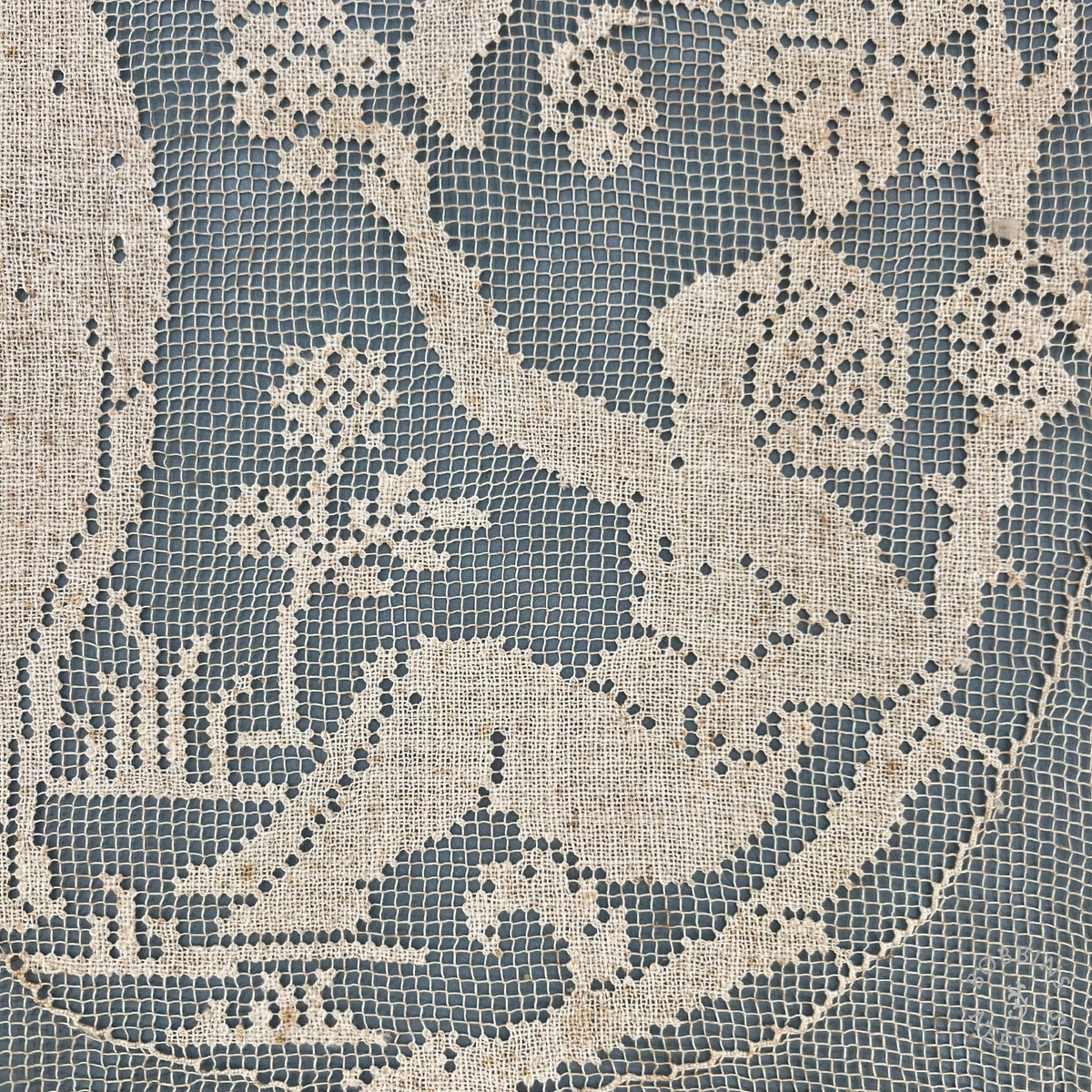 Antique Handmade Filet Lace Panel with Cherubs and Grapevines