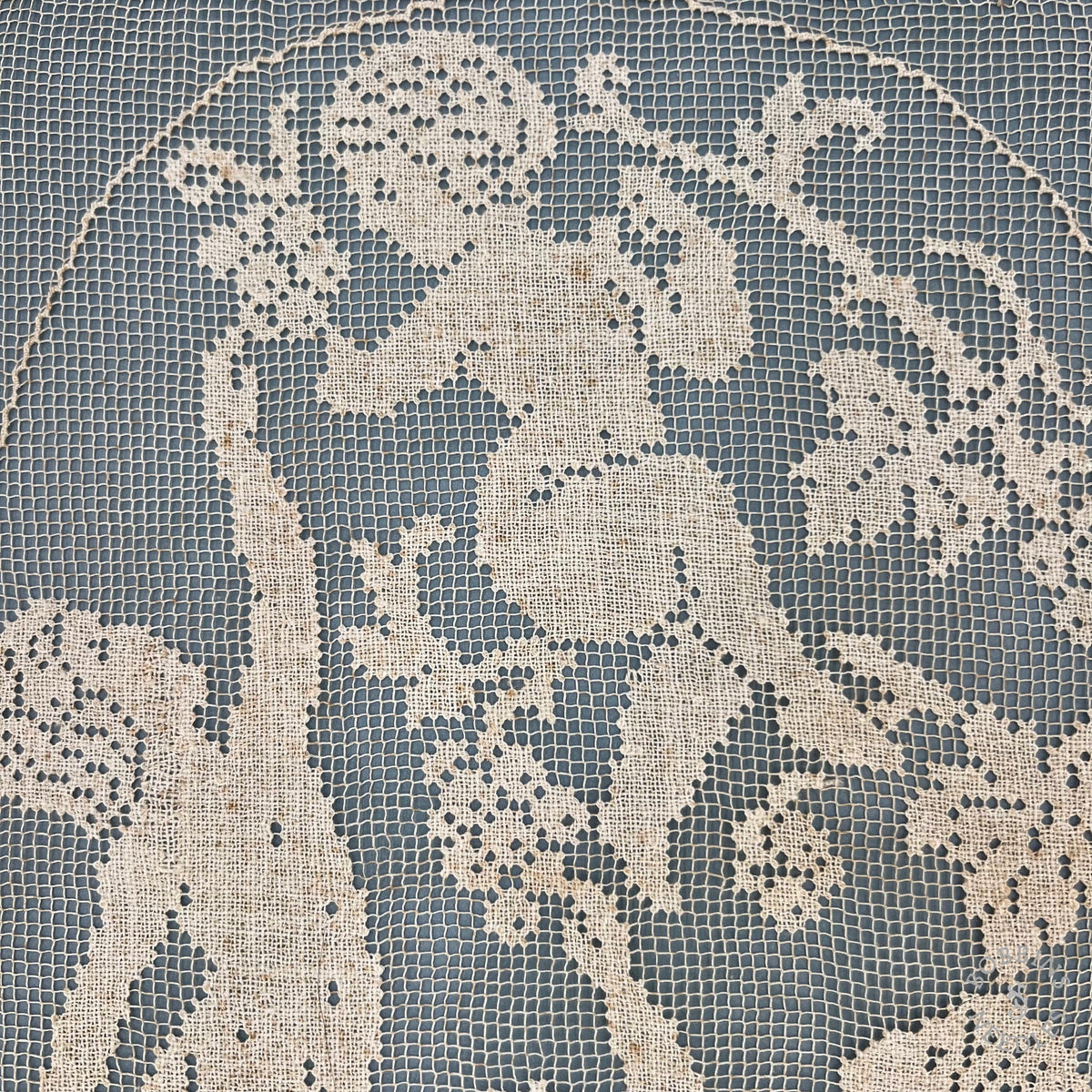 Antique Handmade Filet Lace Panel with Cherubs and Grapevines
