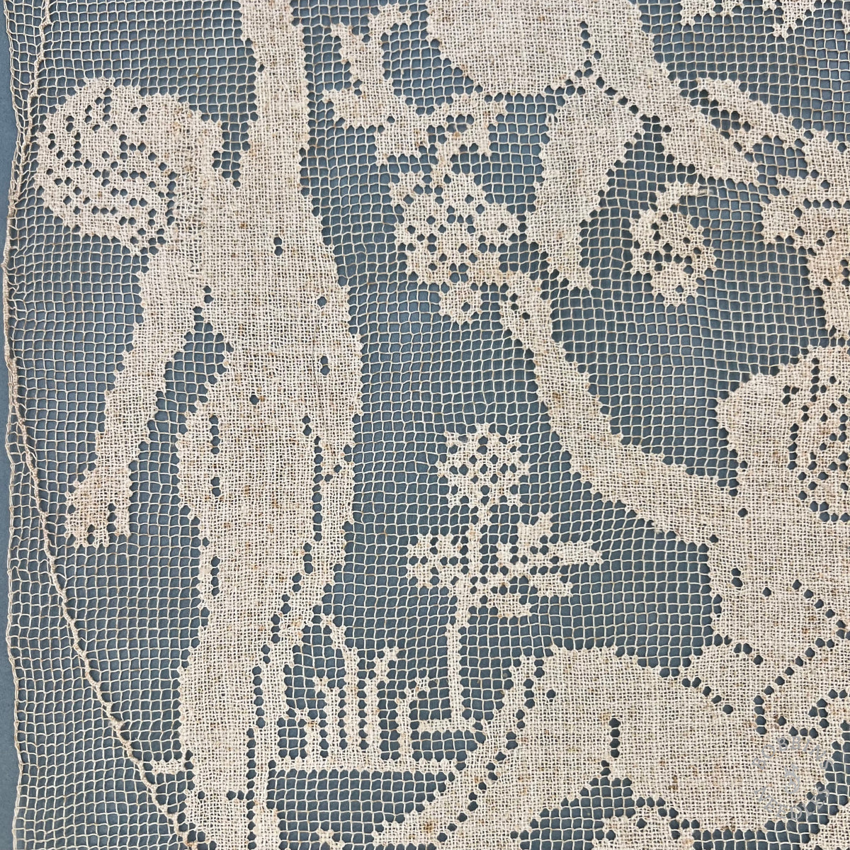 Antique Handmade Filet Lace Panel with Cherubs and Grapevines