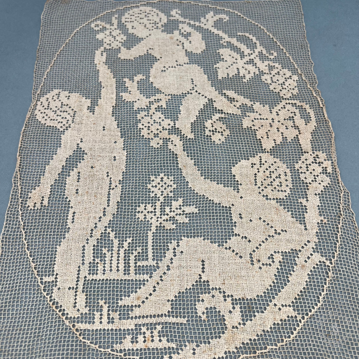 Antique Handmade Filet Lace Panel with Cherubs and Grapevines