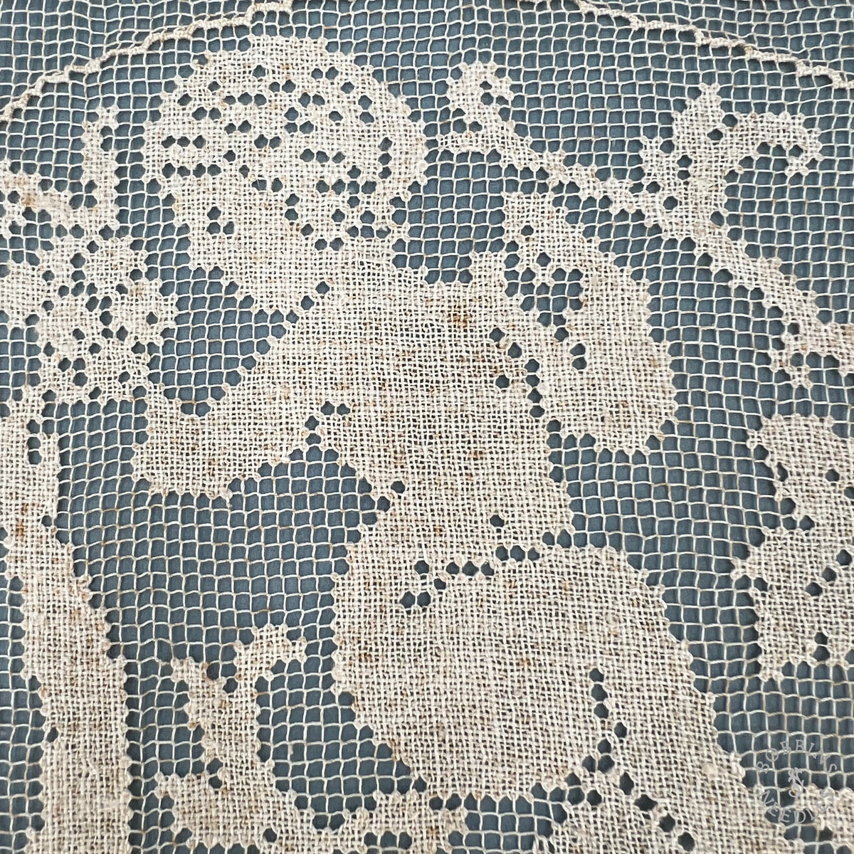 Antique Handmade Filet Lace Panel with Cherubs and Grapevines
