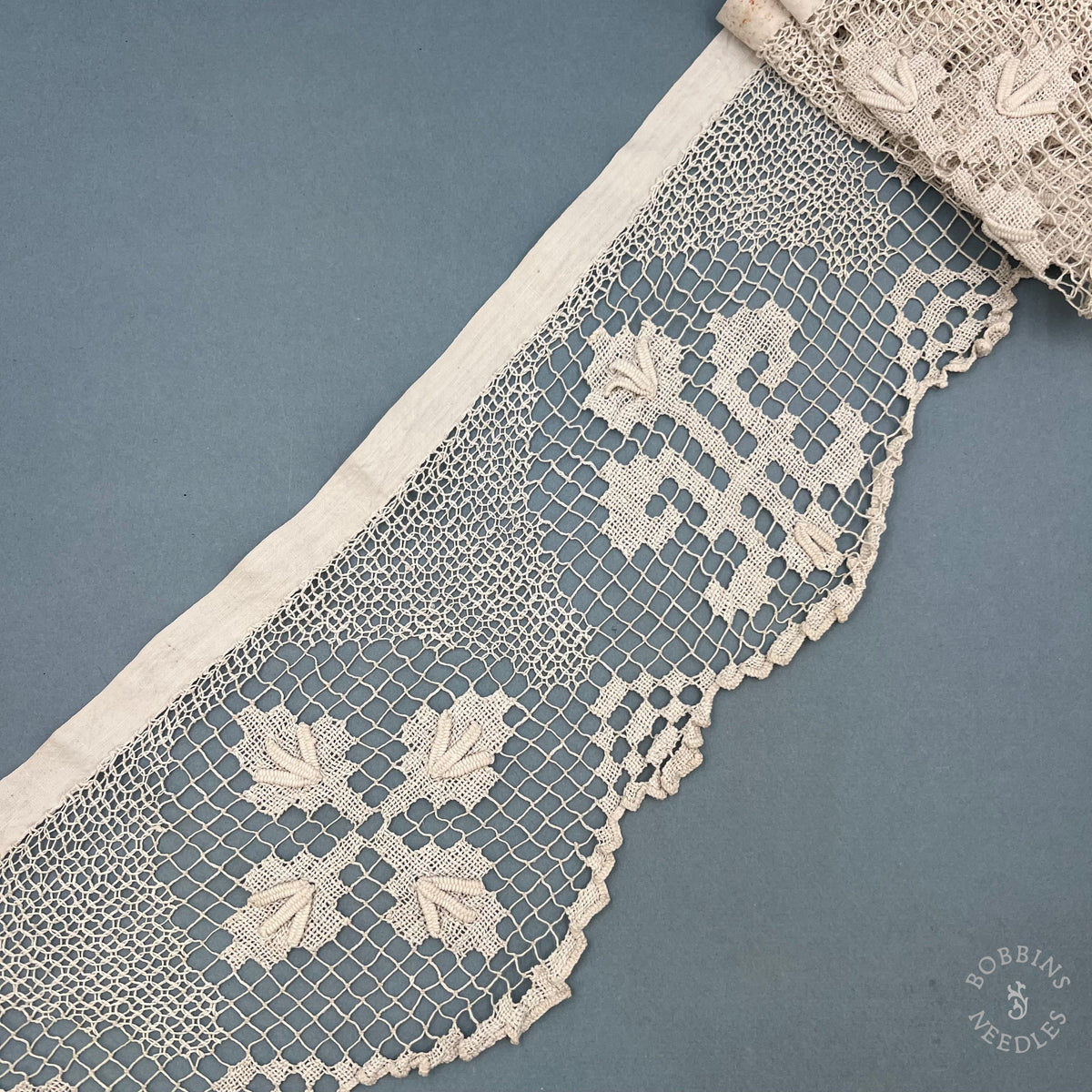 Antique Handmade Filet Altar Lace with IHS Christogram – 240 × 20 cm