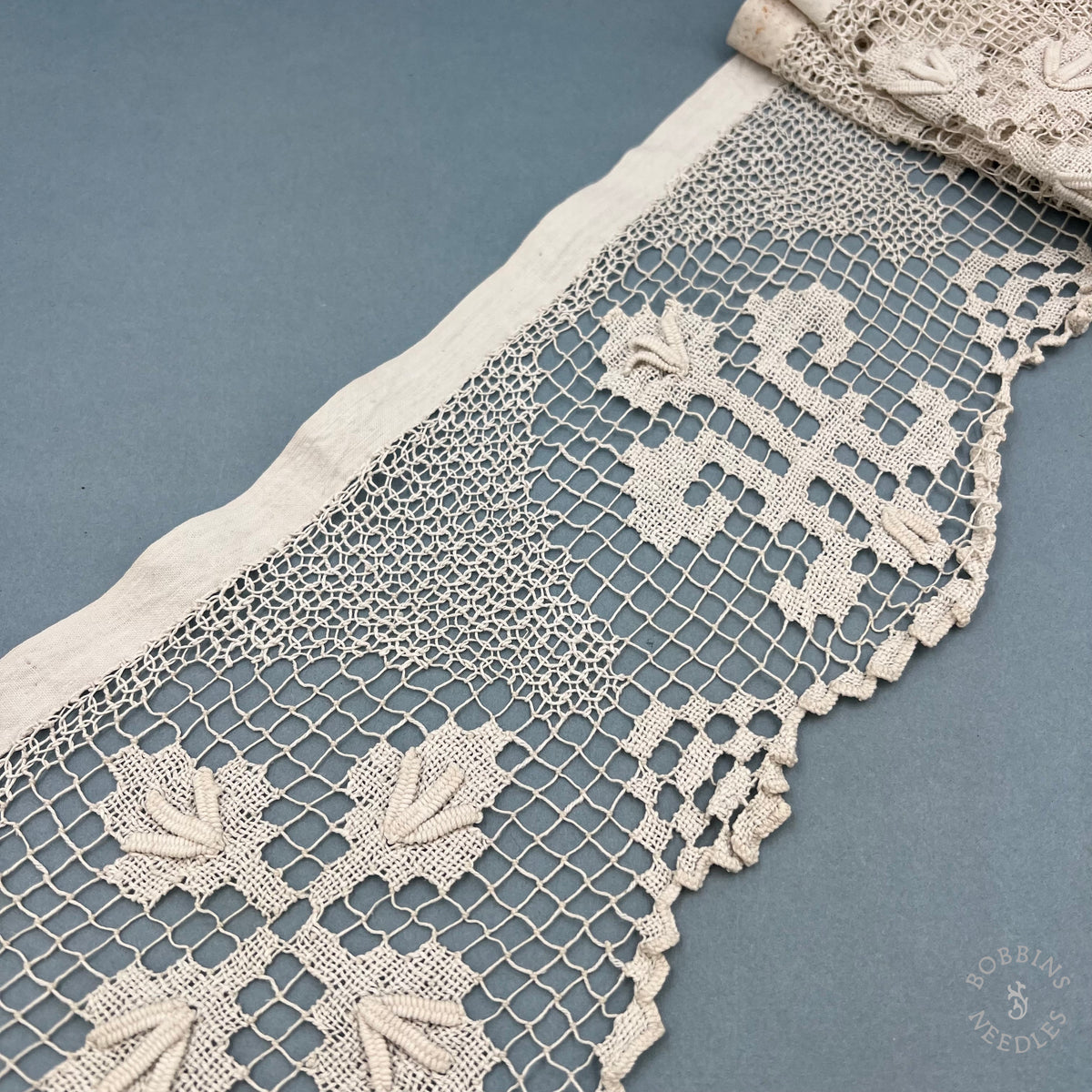 Antique Handmade Filet Altar Lace with IHS Christogram – 240 × 20 cm
