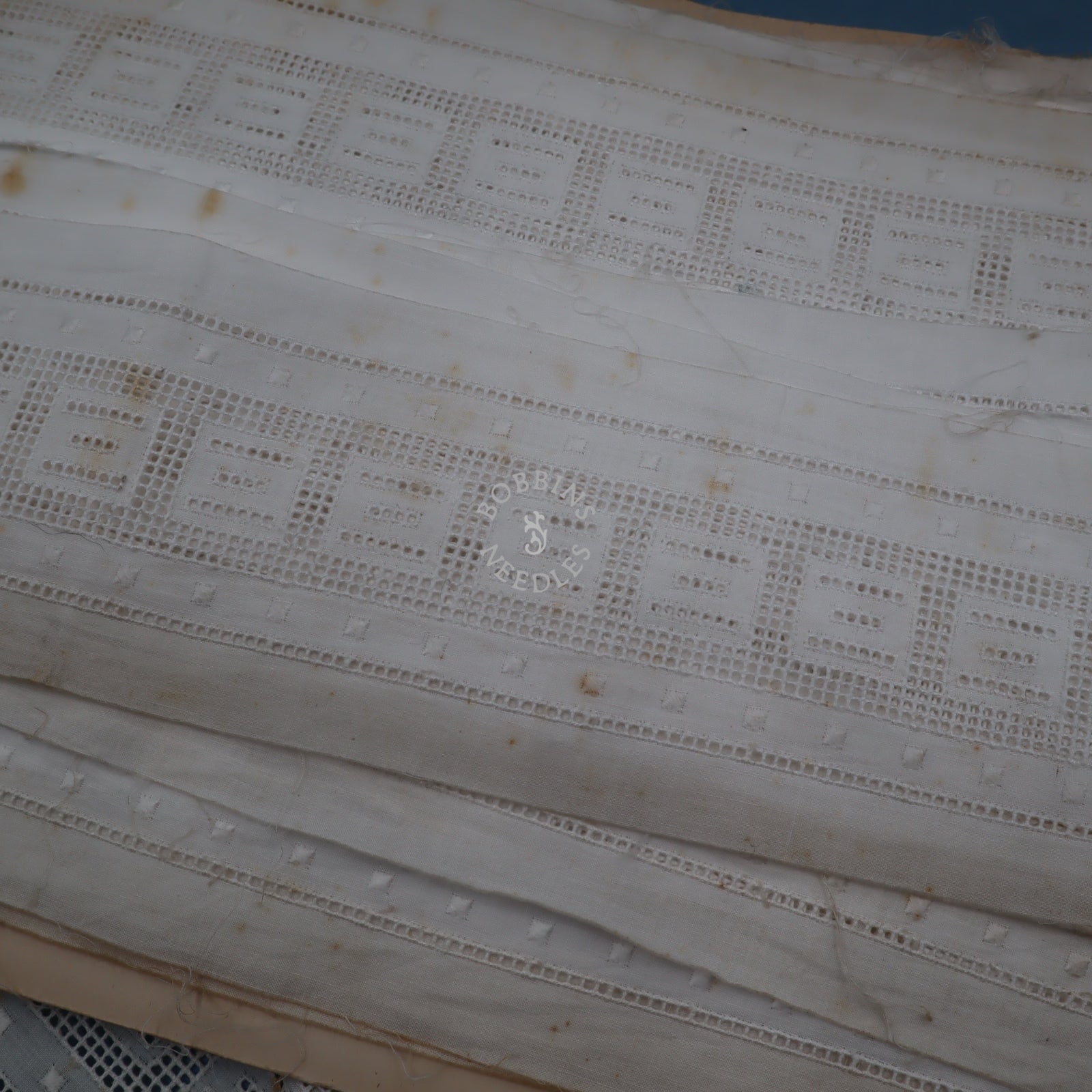 18m Antique Whitework Cotton Panel Trim – Geometric Cutwork Embroidery - Bobbins&Needles